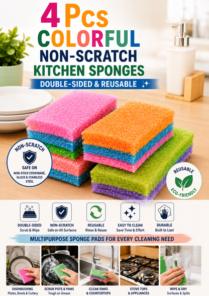 4PCS Premium Non-Scratch Kitchen Cleaning Sponges | Double-Sided Reusable Dish Scrubber Pads for Pots, Pans & Non-Stick Cookware