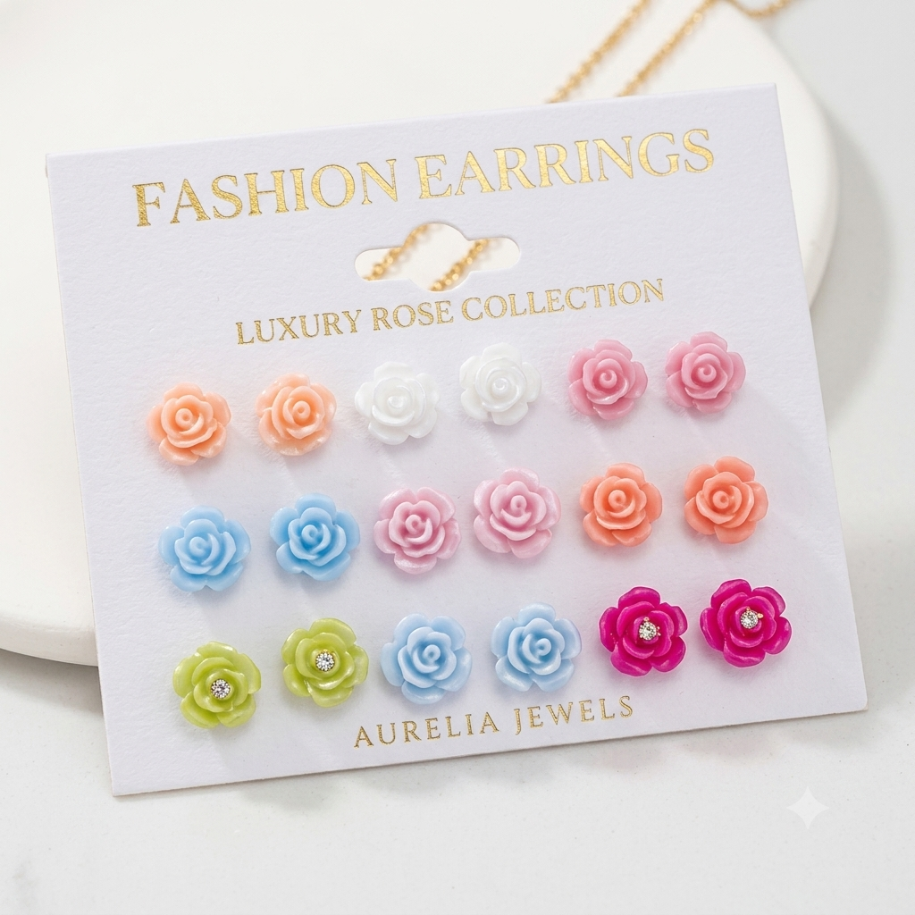 Pairs Multi-Color Floral Resin Stud Earrings Set for Women & Girls - Korean Style Flower & Daisy Daily Wear Earrings Combo Pack - Cute Jewelry Gift Set