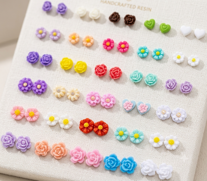 Pairs Multi-Color Floral Resin Stud Earrings Set for Women & Girls - Korean Style Flower & Daisy Daily Wear Earrings Combo Pack - Cute Jewelry Gift Set