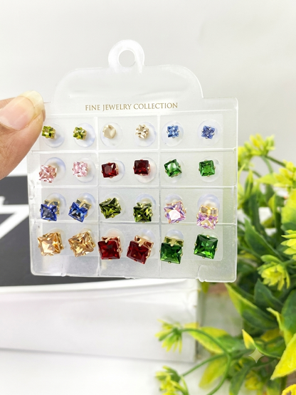 Pack of 1 Pairs Multi-Color Crystal Square Stud Earrings Set for Women & Girls - Korean Style Cubic Zirconia Daily Wear Earrings Combo Pack - Premium Fashion Jewelry Gift Set