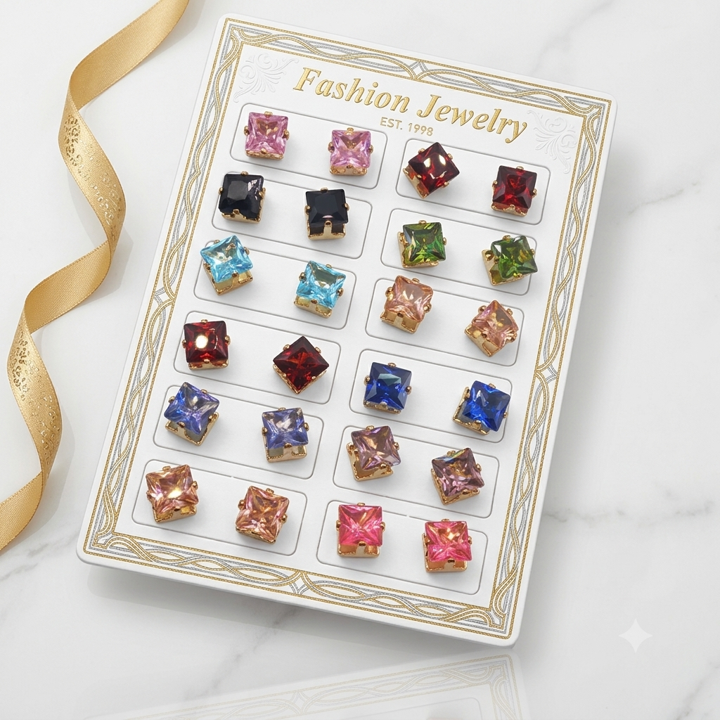 Pack of 1 Pairs Multi-Color Crystal Square Stud Earrings Set for Women & Girls - Korean Style Cubic Zirconia Daily Wear Earrings Combo Pack - Premium Fashion Jewelry Gift Set
