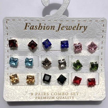 Pack of 1 Pairs Multi-Color Crystal Square Stud Earrings Set for Women & Girls - Korean Style Cubic Zirconia Daily Wear Earrings Combo Pack - Premium Fashion Jewelry Gift Set