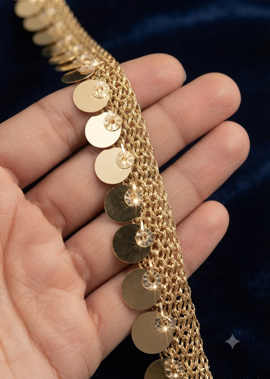 10 gaz Premium Quality Golden Coin Sequin Lace Trim for Dress Designing, Tailoring, Crafting, and Bridal Wear