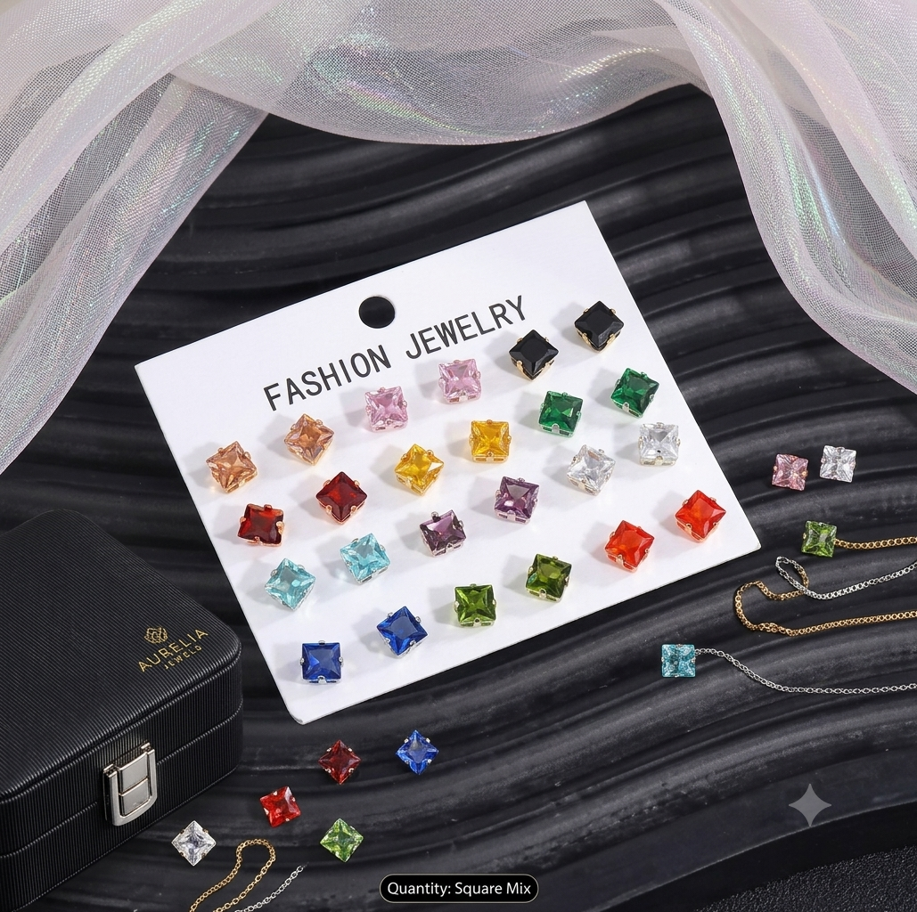 Pack of 1 Pairs Multi-Color Crystal Square Stud Earrings Set for Women & Girls - Korean Style Cubic Zirconia Daily Wear Earrings Combo Pack - Premium Fashion Jewelry Gift Set