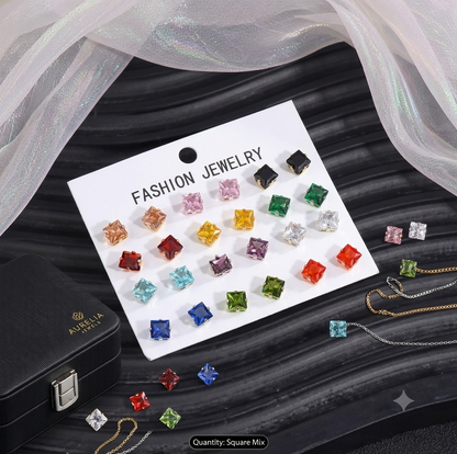 Pack of 1 Pairs Multi-Color Crystal Square Stud Earrings Set for Women & Girls - Korean Style Cubic Zirconia Daily Wear Earrings Combo Pack - Premium Fashion Jewelry Gift Set