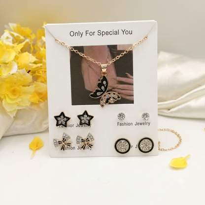 Luxury 5-In-1 Golden Butterfly Jewelry Set for Women - Crystal Butterfly Pendant Necklace with 4 Pairs Earrings - Premium Gift Set for Girls