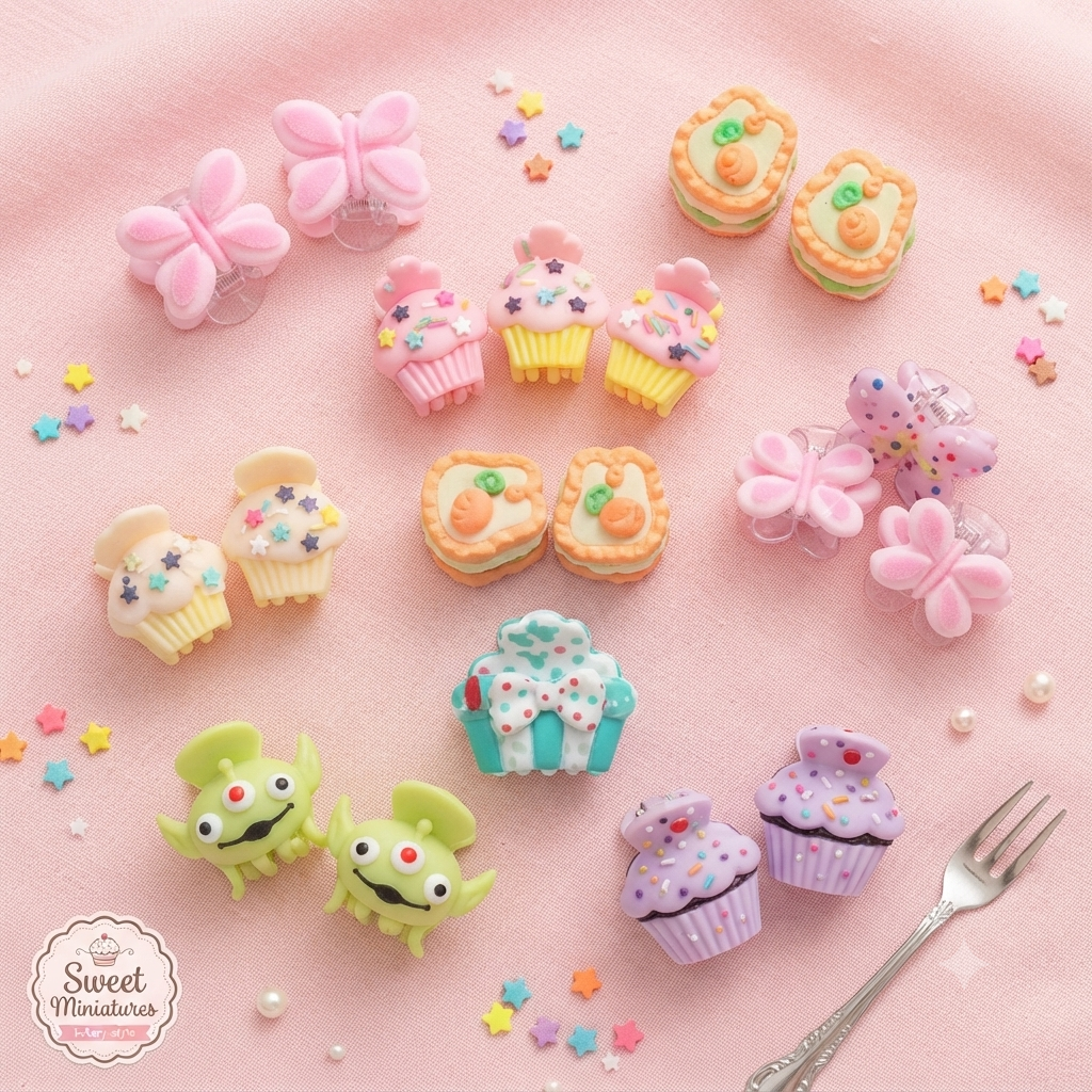 2 pcs Cute Sweet Miniatures Hair Clips Set for Girls – Pack of Aesthetic Miniature Cupcake & Butterfly Hair Pins for Kids – Trendy Hair Accessories