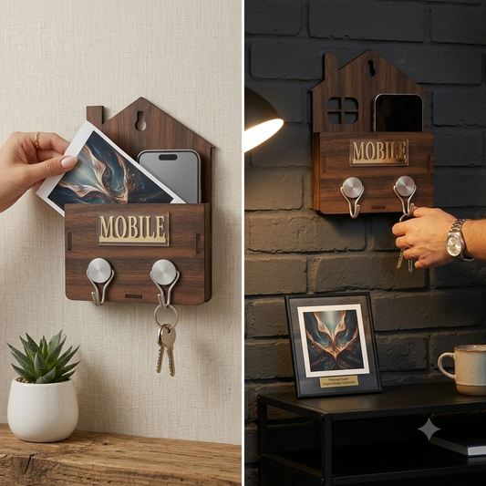 Wooden Mobile & Key Holder Wall Stand for Home Decor