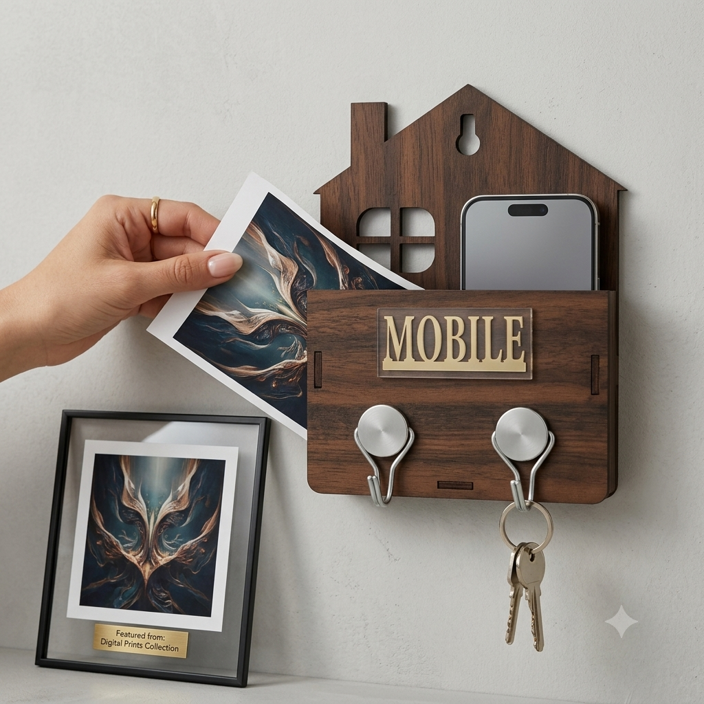 Wooden Mobile & Key Holder Wall Stand for Home Decor