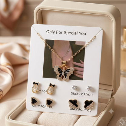 Luxury 5-In-1 Golden Butterfly Jewelry Set for Women - Crystal Butterfly Pendant Necklace with 4 Pairs Earrings - Premium Gift Set for Girls