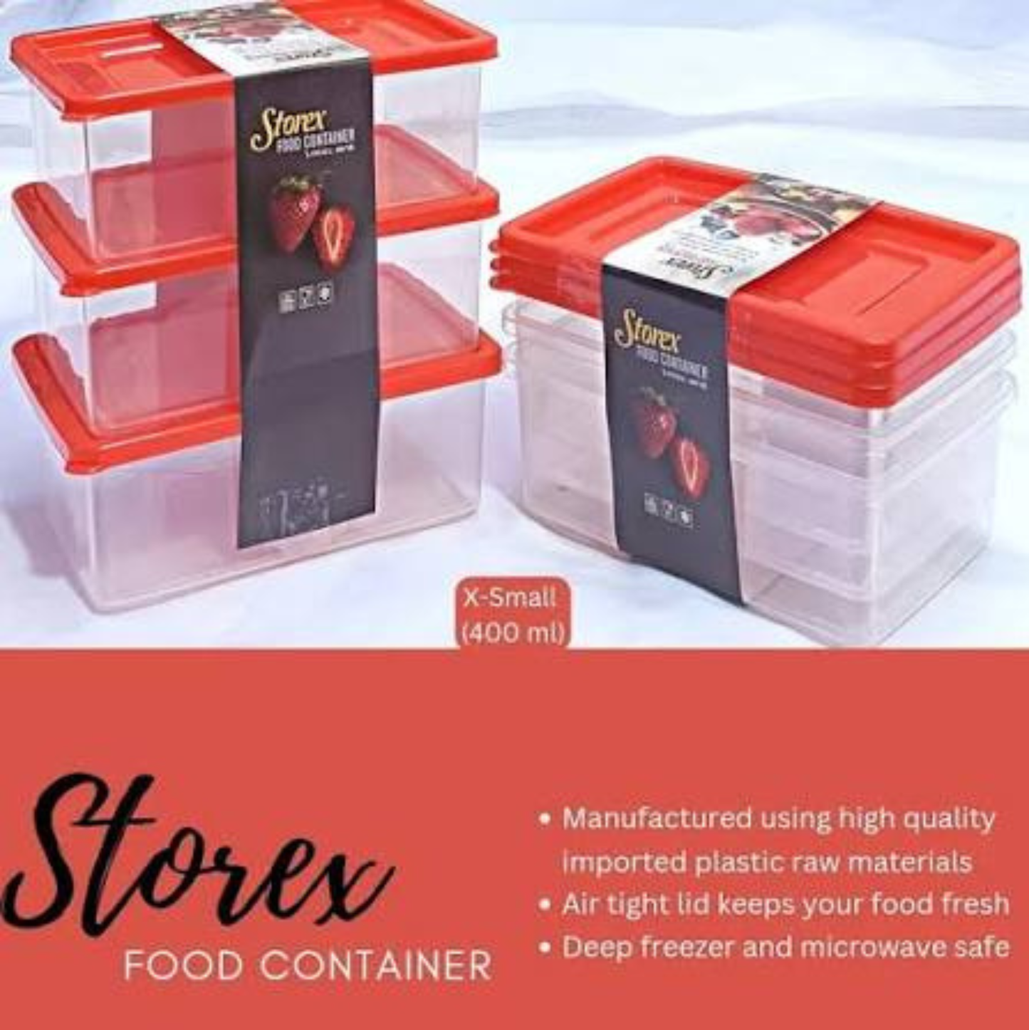 Storex Food Storage Container Set of 3 (X-Small 400ml) - Airtight Plastic Kitchen Storage Box - Freezer & Microwave Safe