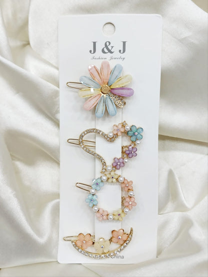 Set Korean Elegant Metal Hair Clips Barrettes with Geometric, Pearl, and Flower Designs