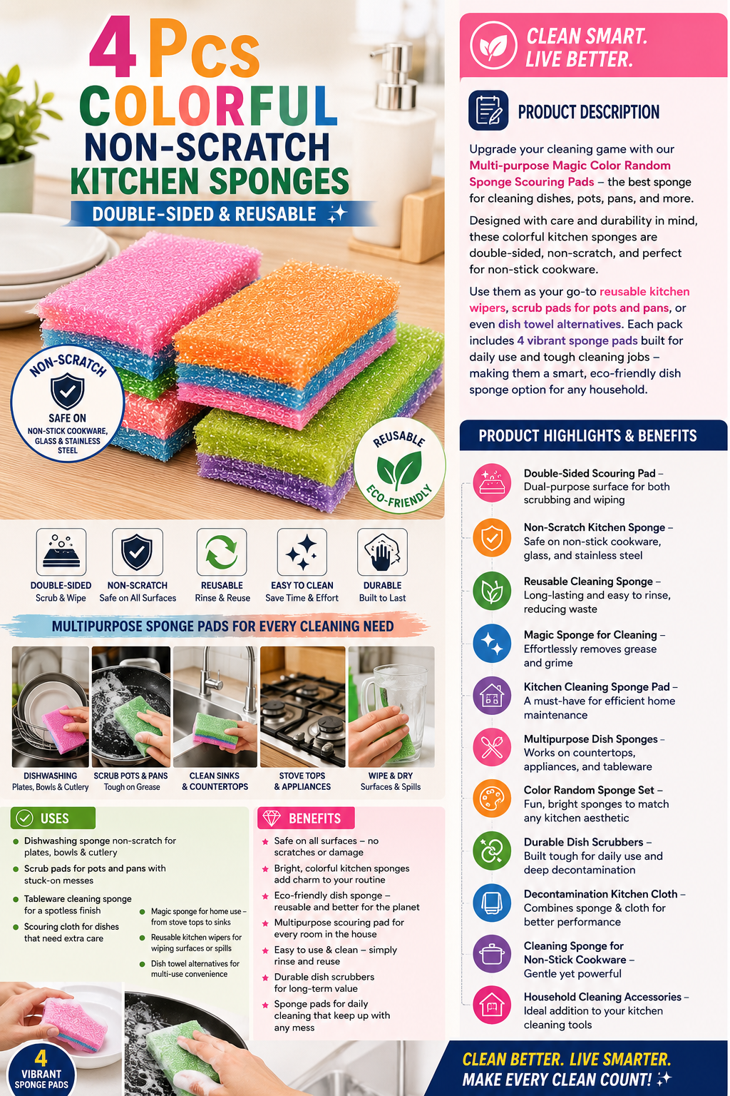4PCS Premium Non-Scratch Kitchen Cleaning Sponges | Double-Sided Reusable Dish Scrubber Pads for Pots, Pans & Non-Stick Cookware