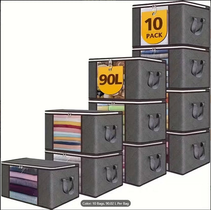 Large Gray Foldable Storage Bags (90L) with Zipper & Handle for Clothes, Wardrobe, Blankets, Quilts & Under-Bed Organizer