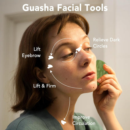 Gua Sha Facial Tools & Jade Roller Set for Skin Care, Reduce Puffiness and Improve Wrinkles, Guasha Tool for Face, Gua Sha Stone Self Care Gift for Woman Man