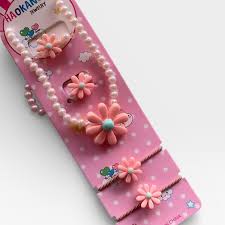 Kids Cute Butterfly Hair Clip and Colorful Beaded Necklace & Bracelet Jewelry Set for Girls - Fancy Party Wear Hair Accessories Combo